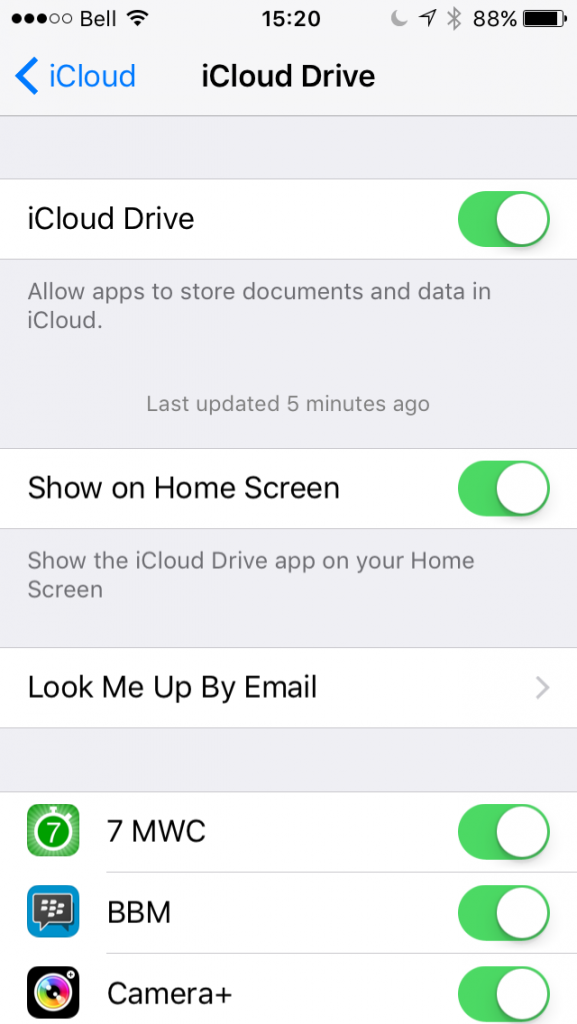 iCloud Drive Settings Screen
